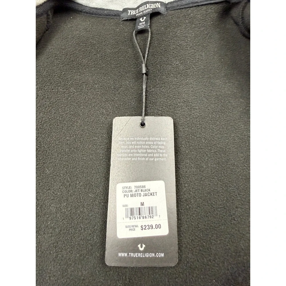 NWT True Religion Men M Varsity Fleece Hood Jacket‎ Black Gray Horseshoe Snap